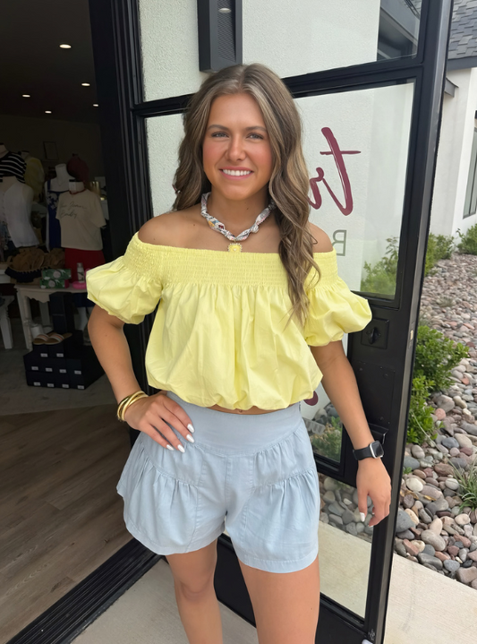 Off-Shoulder Smocked Bubble Cotton Crop Top