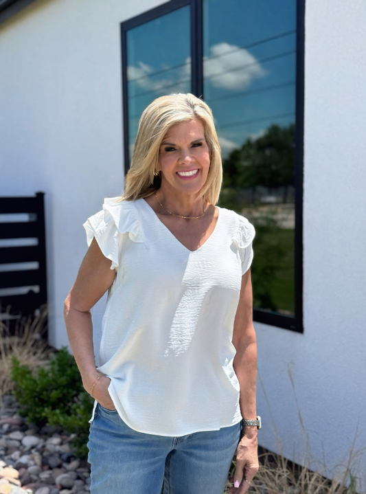 Off White Ruffle Edge V-Neck Top - Tres Chic Boutique