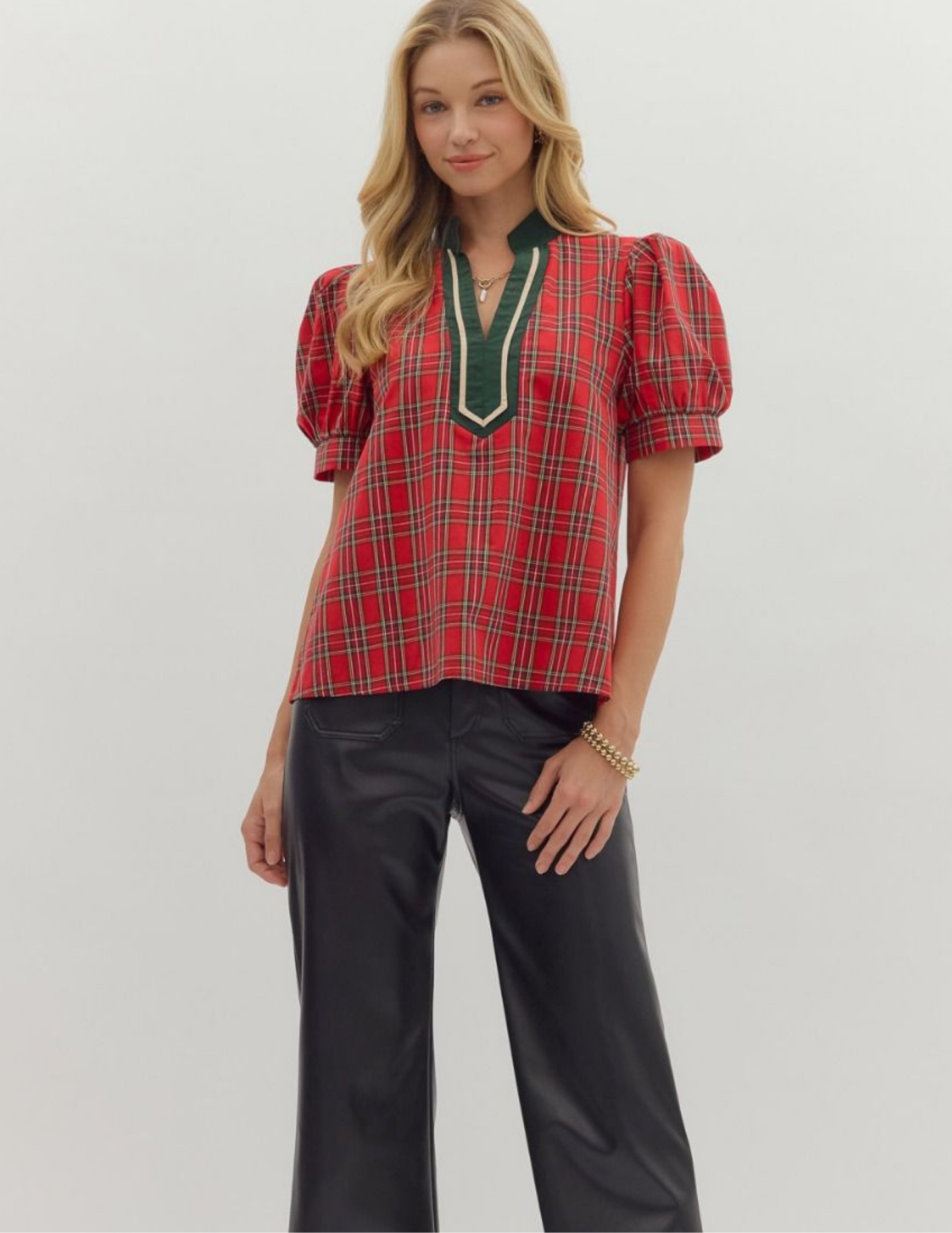 Plaid Patterned VNeck Top- Red