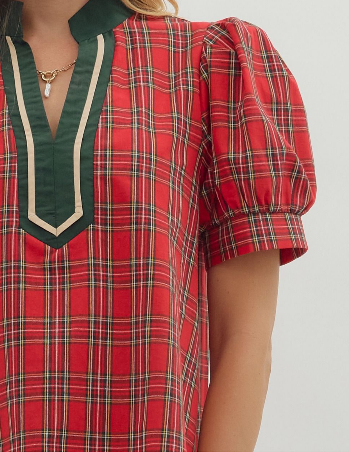 Plaid Patterned VNeck Top- Red