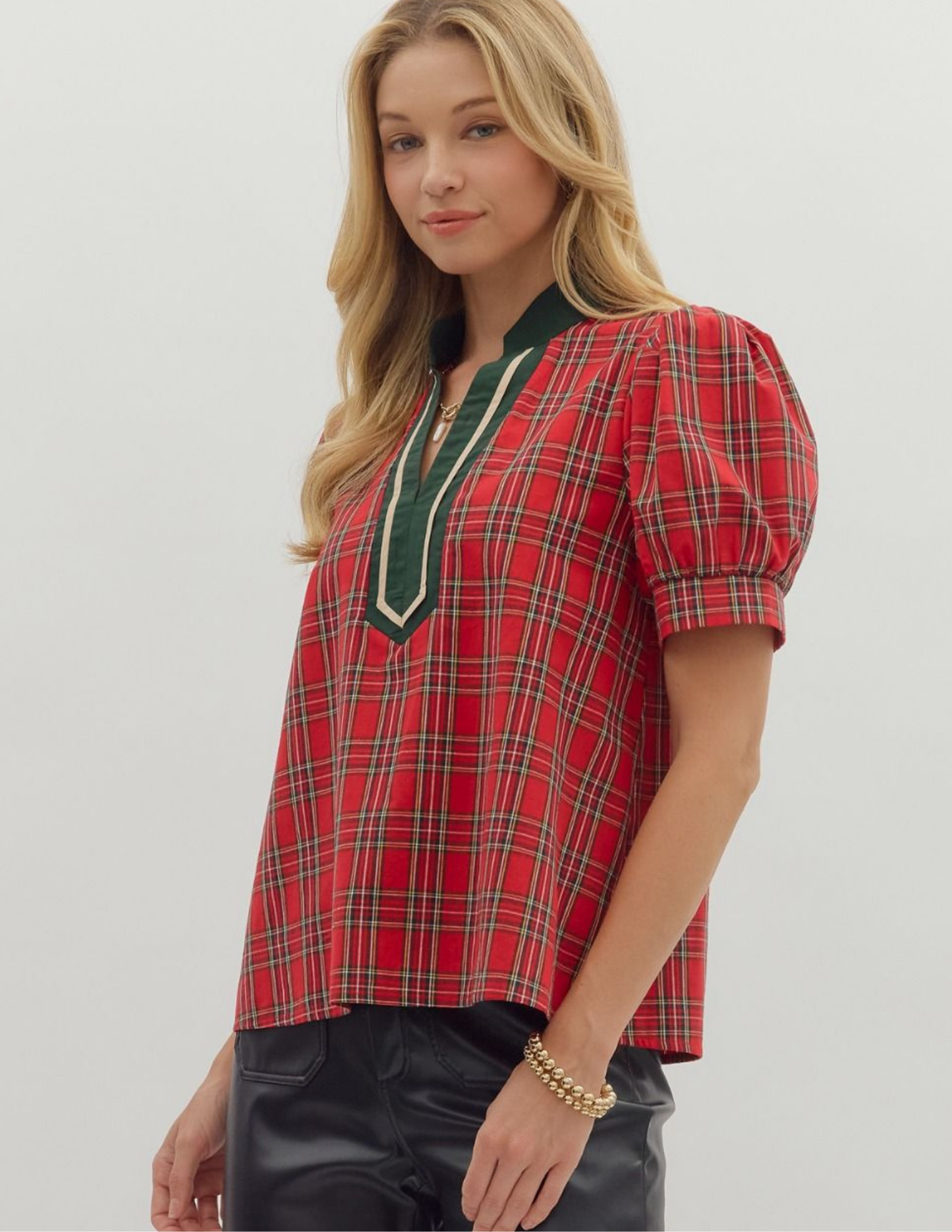 Plaid Patterned VNeck Top- Red