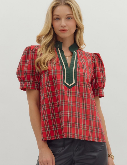 Plaid Patterned VNeck Top- Red