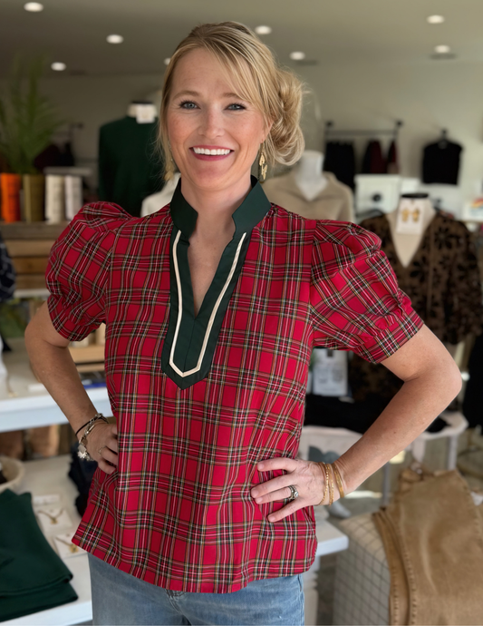 Plaid Patterned VNeck Top- Red