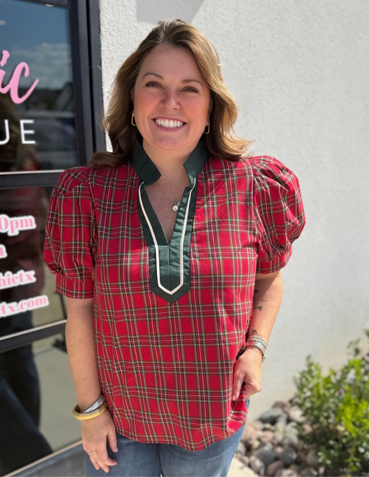 Plaid Patterned VNeck Top- Red