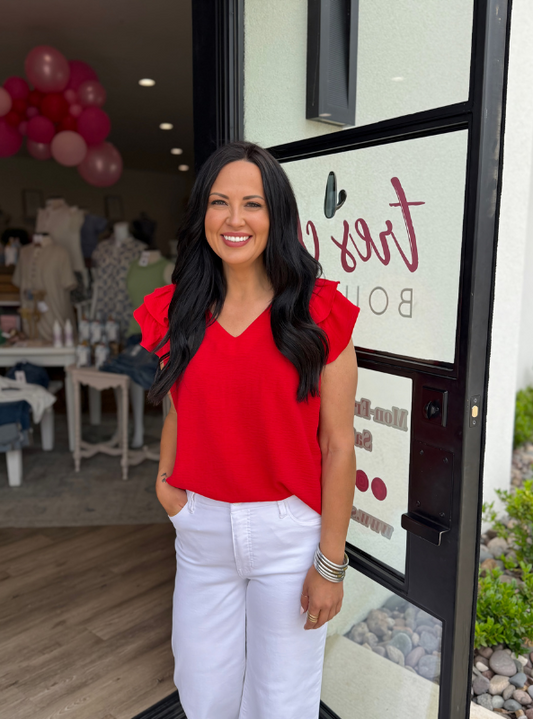Red Ruffle Edge V-Neck Top - Tres Chic Boutique