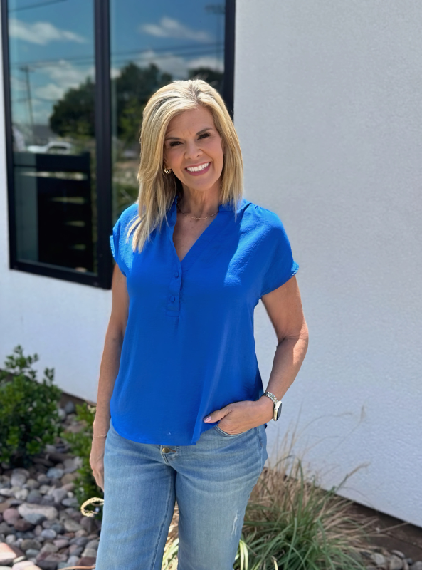 Royal Blue Drop Shoulder Button Front Blouse