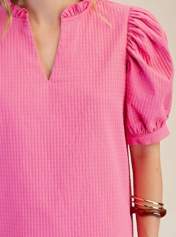 Ruffle V-Neck Puff Sleeve Top- Pink