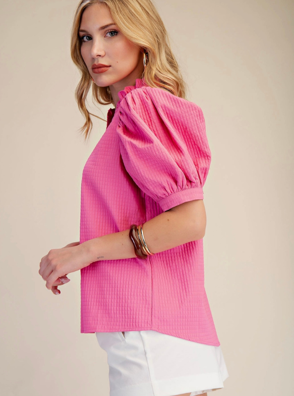 Ruffle V-Neck Puff Sleeve Top- Pink