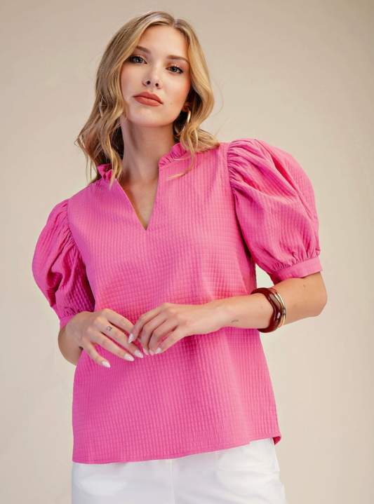 Ruffle V-Neck Puff Sleeve Top- Pink
