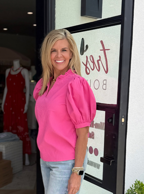 Ruffle V-Neck Puff Sleeve Top- Pink