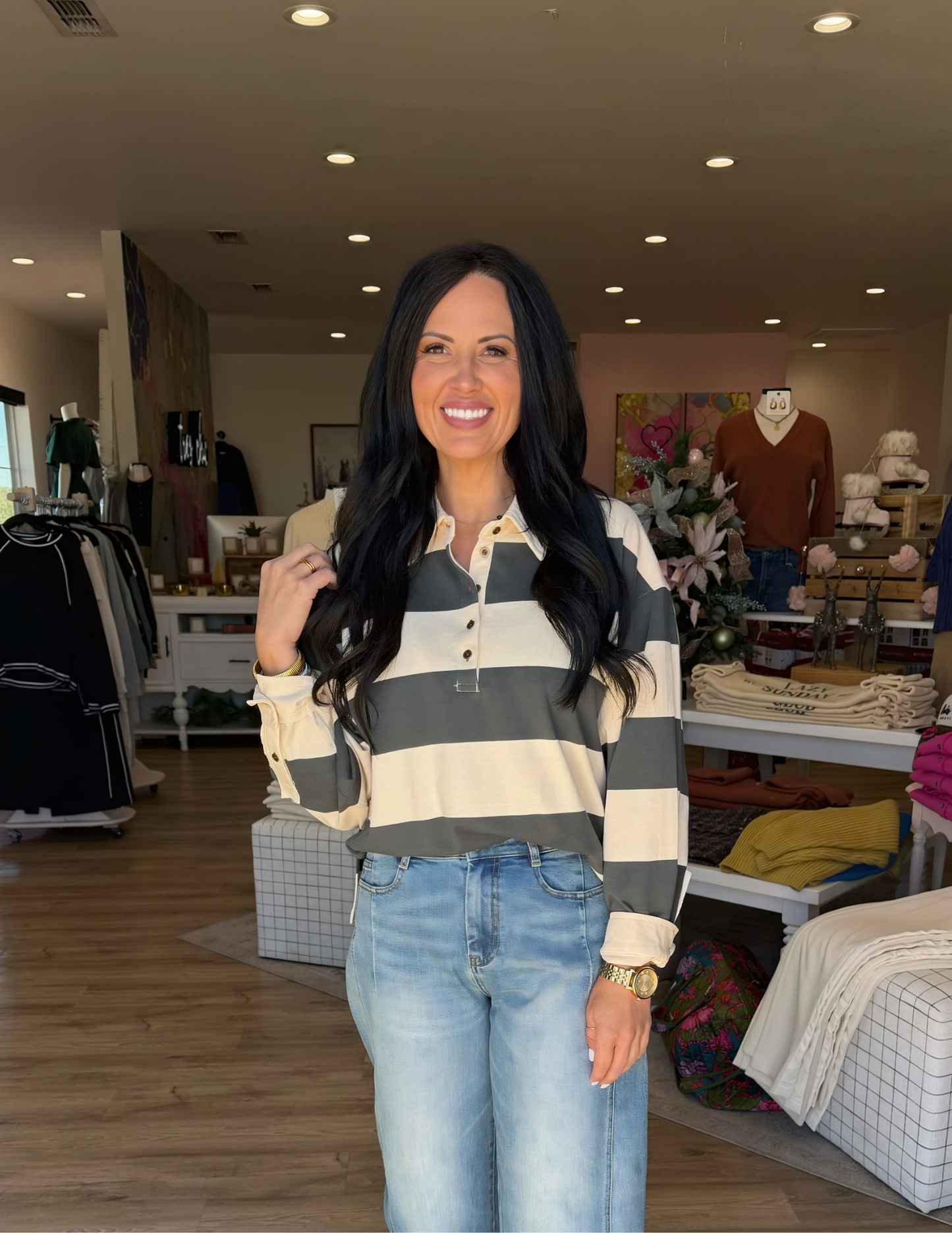 Rugby Long Sleeve Top- Olive/ Beige