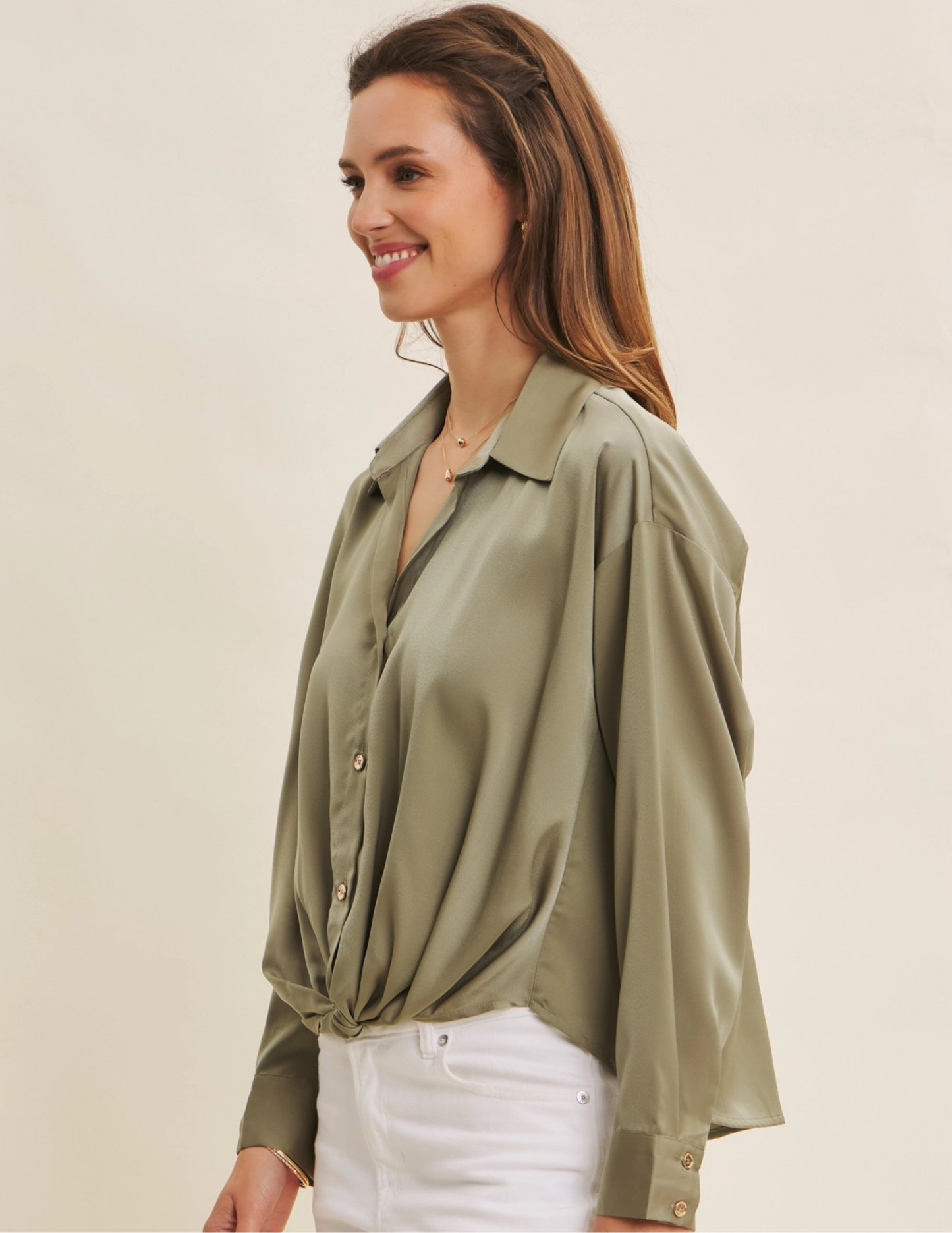 Satin Button Down Top- Olive