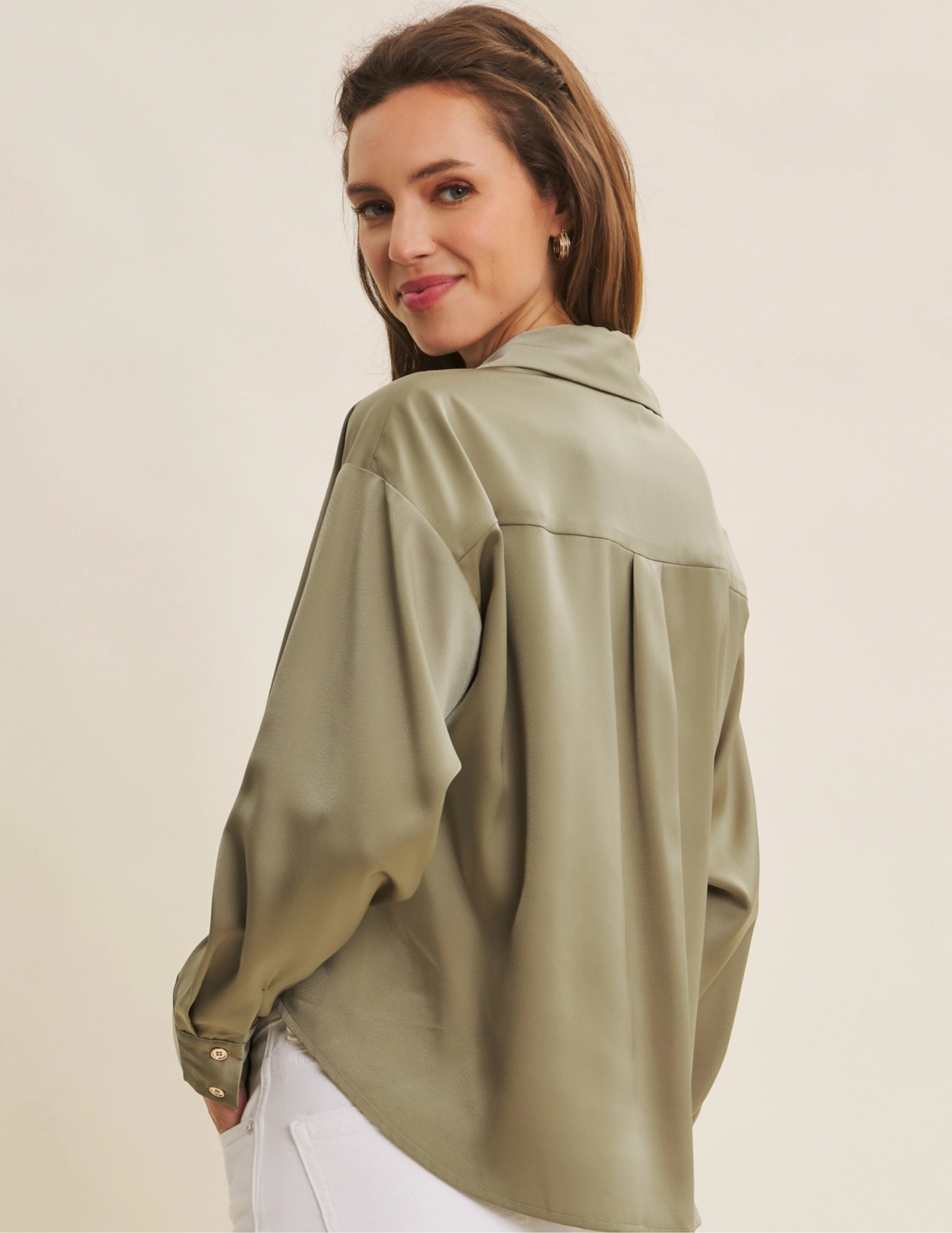 Satin Button Down Top- Olive