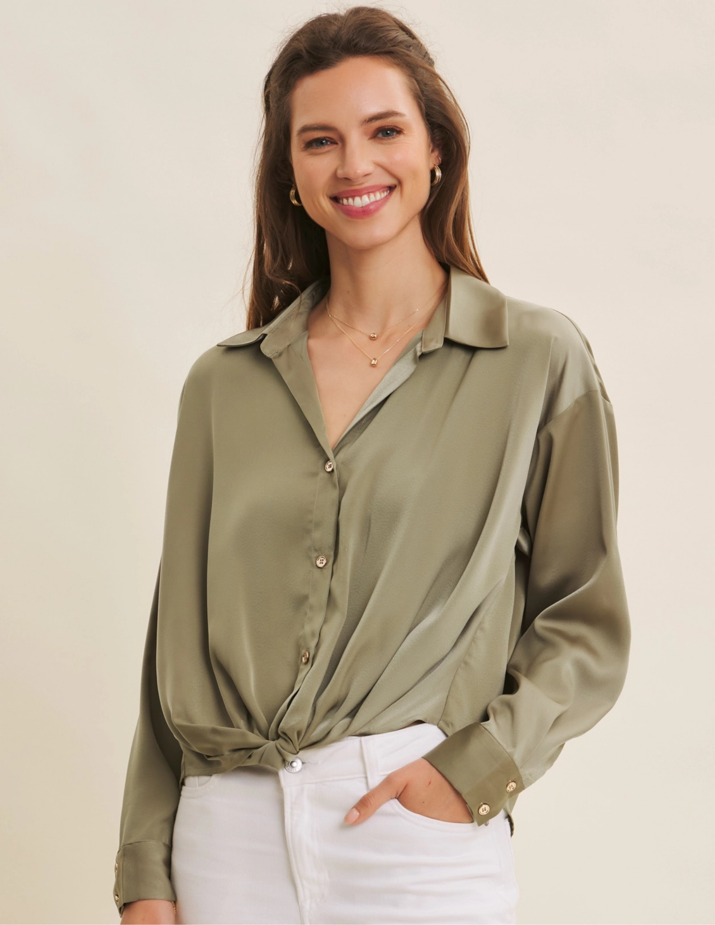 Satin Button Down Top- Olive