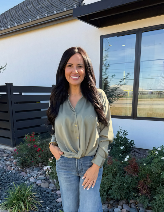 Satin Button Down Top- Olive
