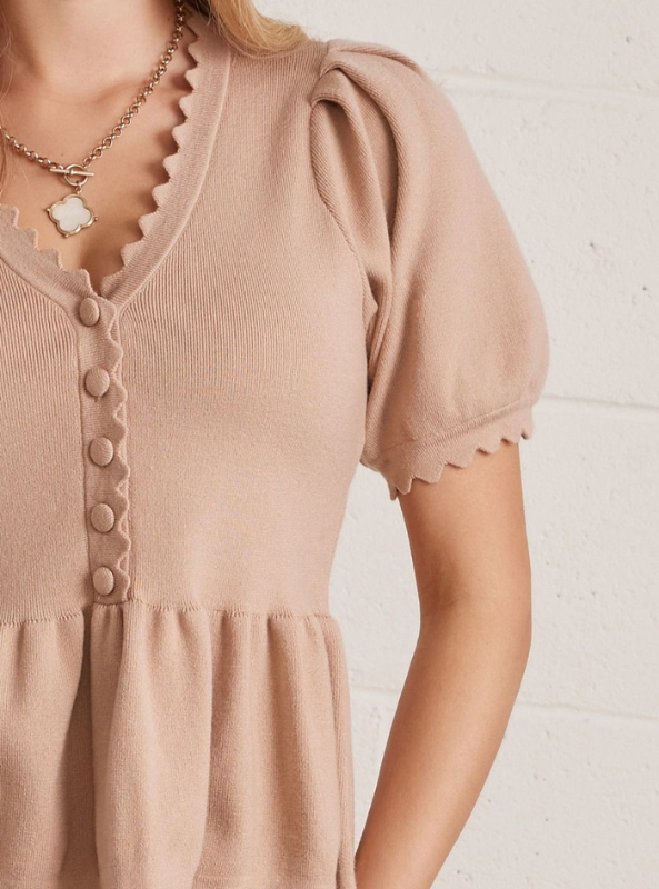 Scallop Neck Peplum Top- Tan