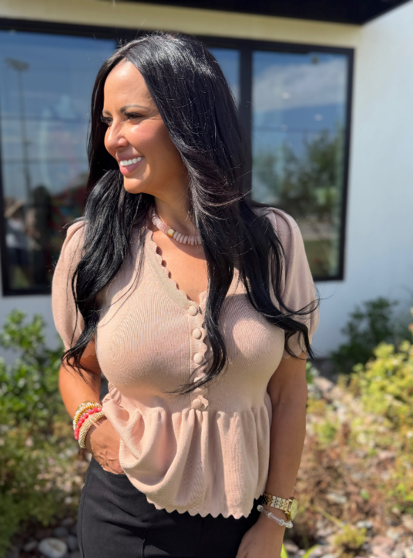 Scallop Neck Peplum Top- Tan