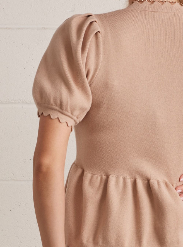 Scallop Neck Peplum Top- Tan