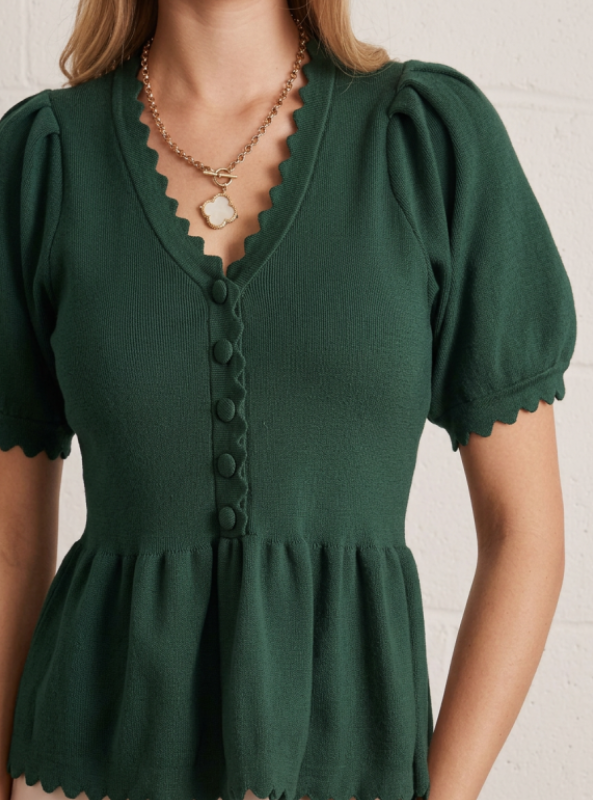 Scallop Neck Peplum Top- Pine