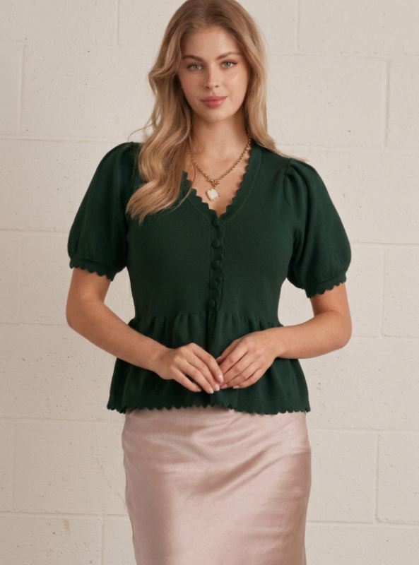 Scallop Neck Peplum Top- Pine