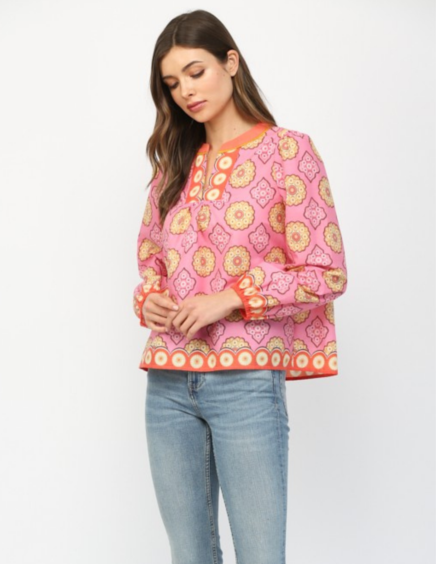 Spring Print V Neck Top- Pink Multi