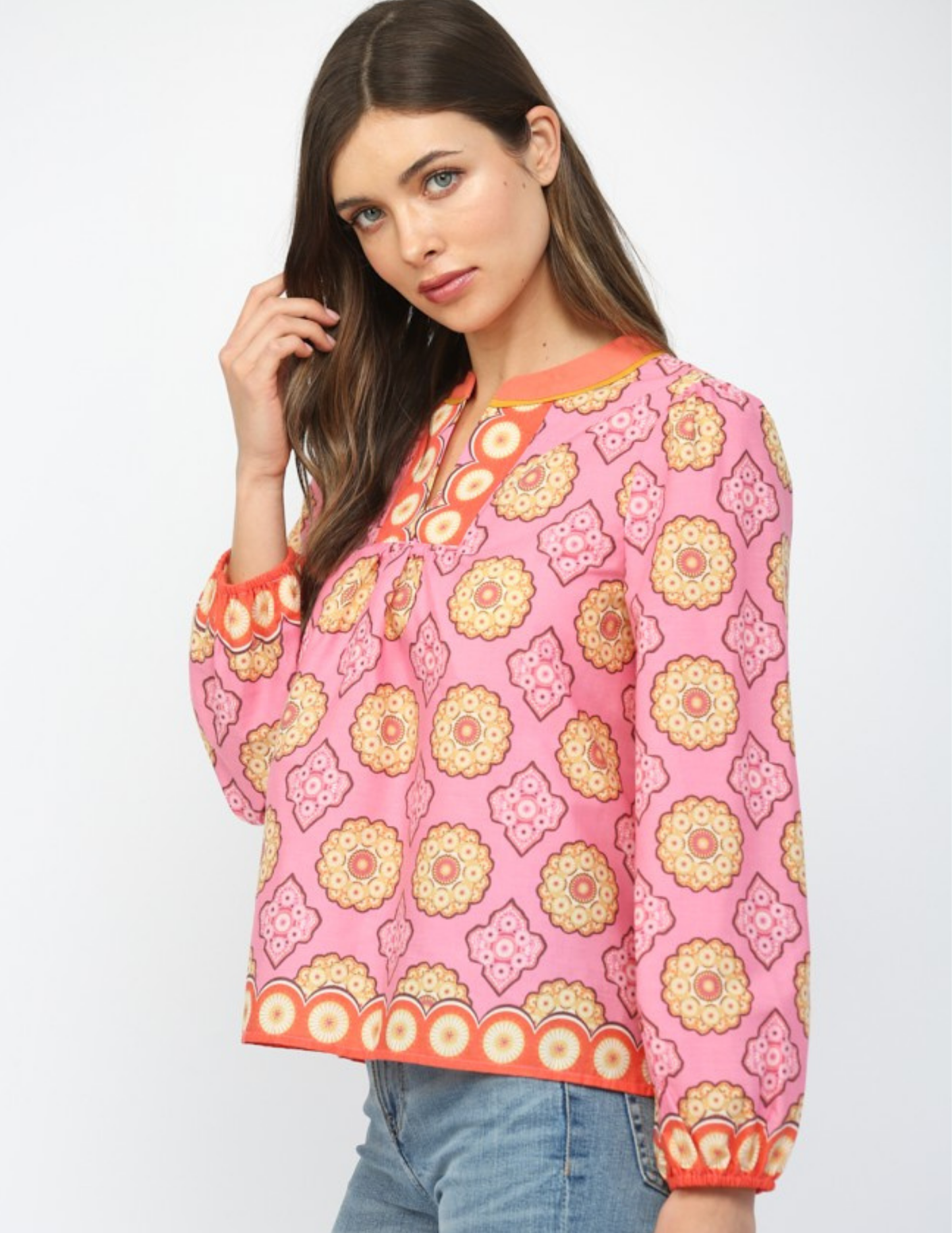 Spring Print V Neck Top- Pink Multi