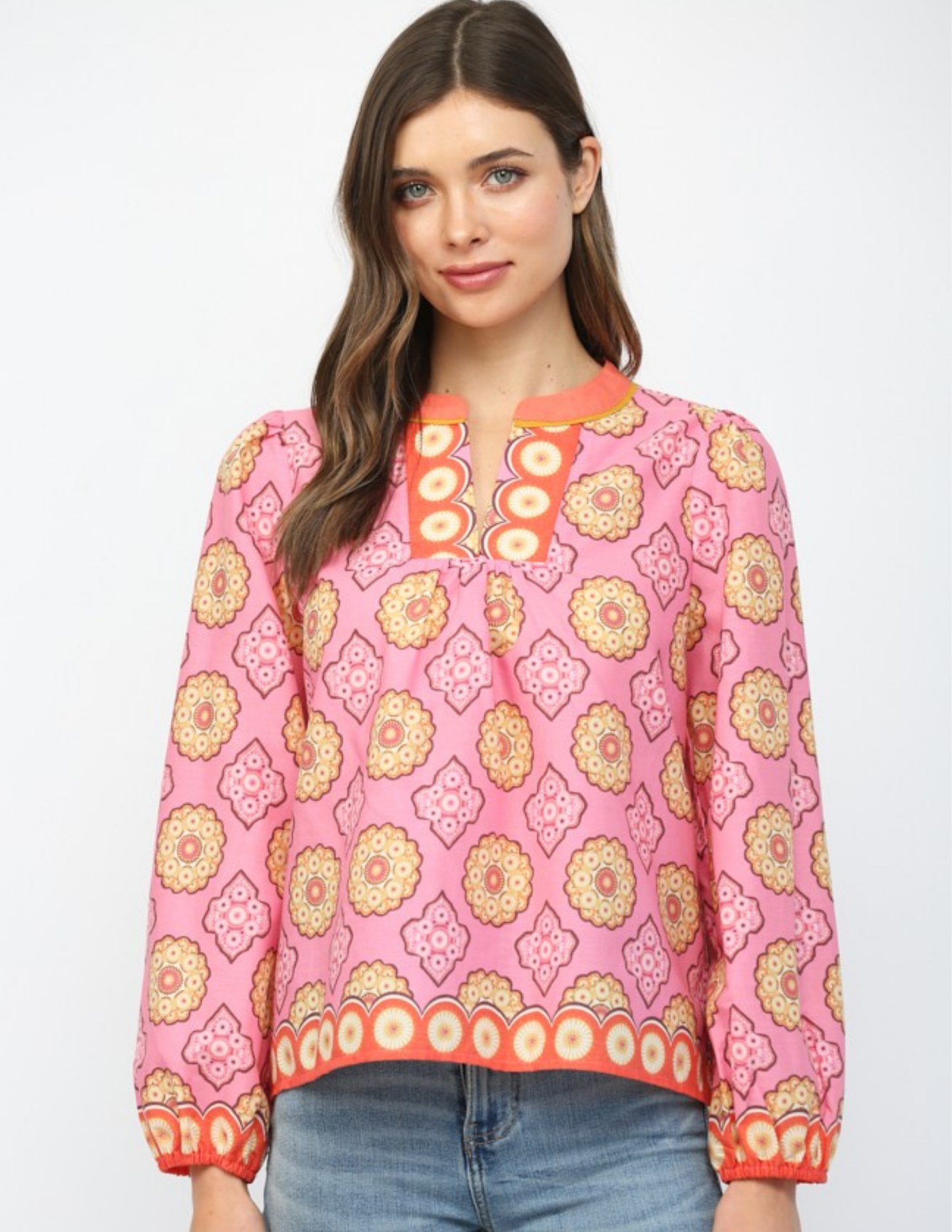 Spring Print V Neck Top- Pink Multi