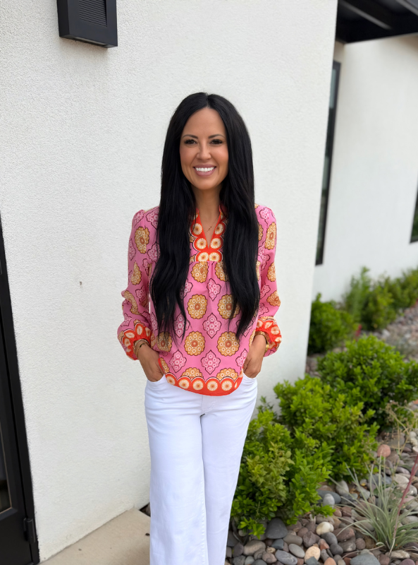 Spring Print V Neck Top- Pink Multi
