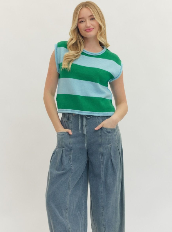 Stripe Cap Sleeve Top- Blue