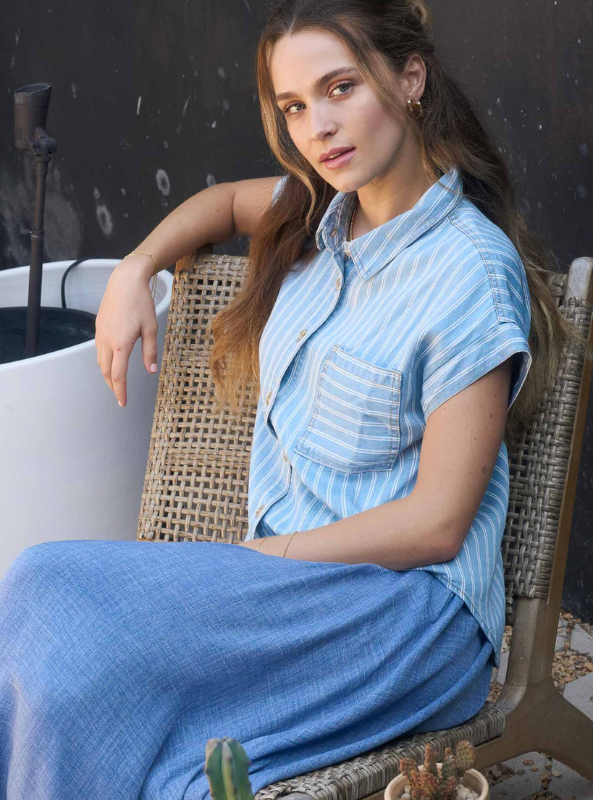 Stripe Chambray Button Down Shirt - Tres Chic Boutique