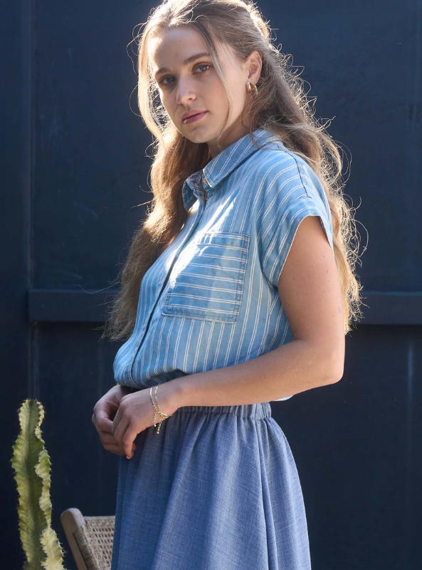Stripe Chambray Button Down Shirt - Tres Chic Boutique