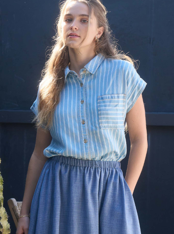 Stripe Chambray Button Down Shirt - Tres Chic Boutique