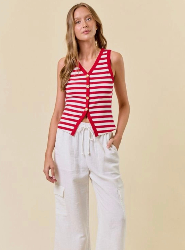 Stripe Knit Button Front Tank- Red