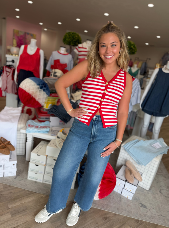 Stripe Knit Button Front Tank- Red