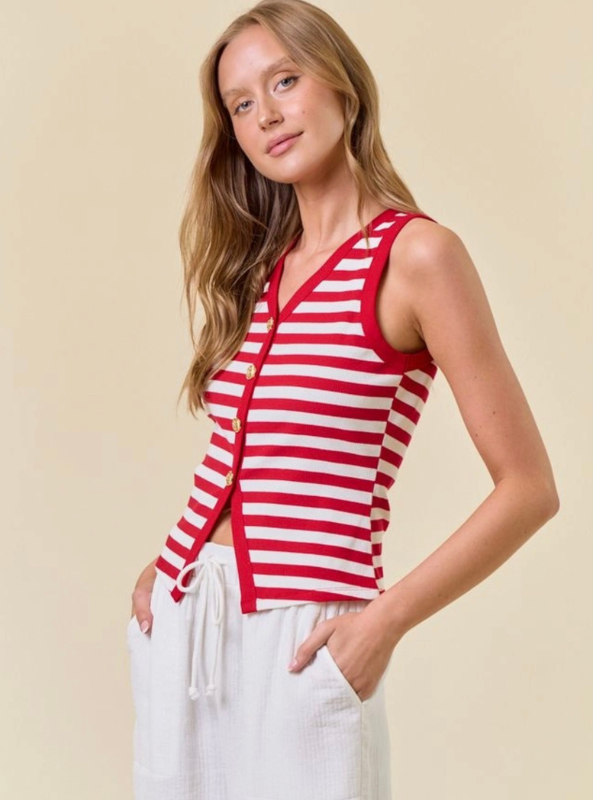 Stripe Knit Button Front Tank- Red