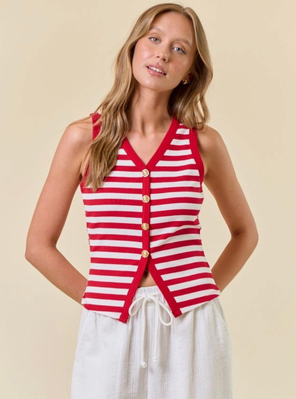 Stripe Knit Button Front Tank- Red