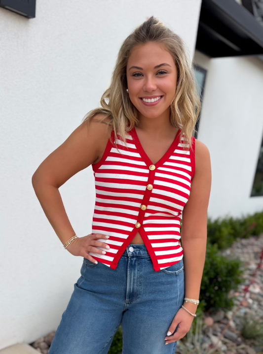 Stripe Knit Button Front Tank- Red