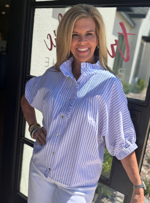 Stripe Ruffle Trim Button Up Top