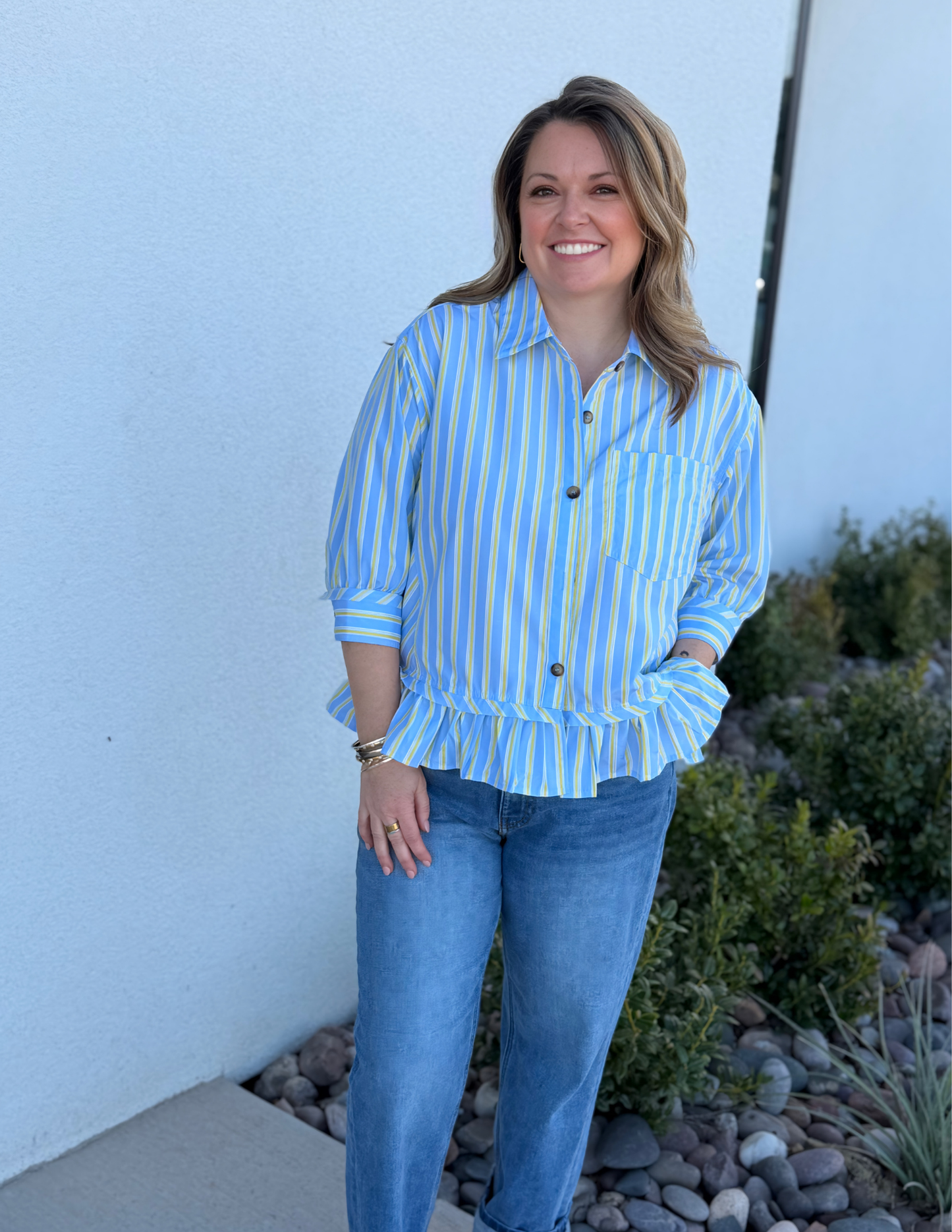 Striped Button Down Peplum Top- Blue Combo
