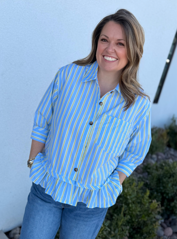 Striped Button Down Peplum Top- Blue Combo