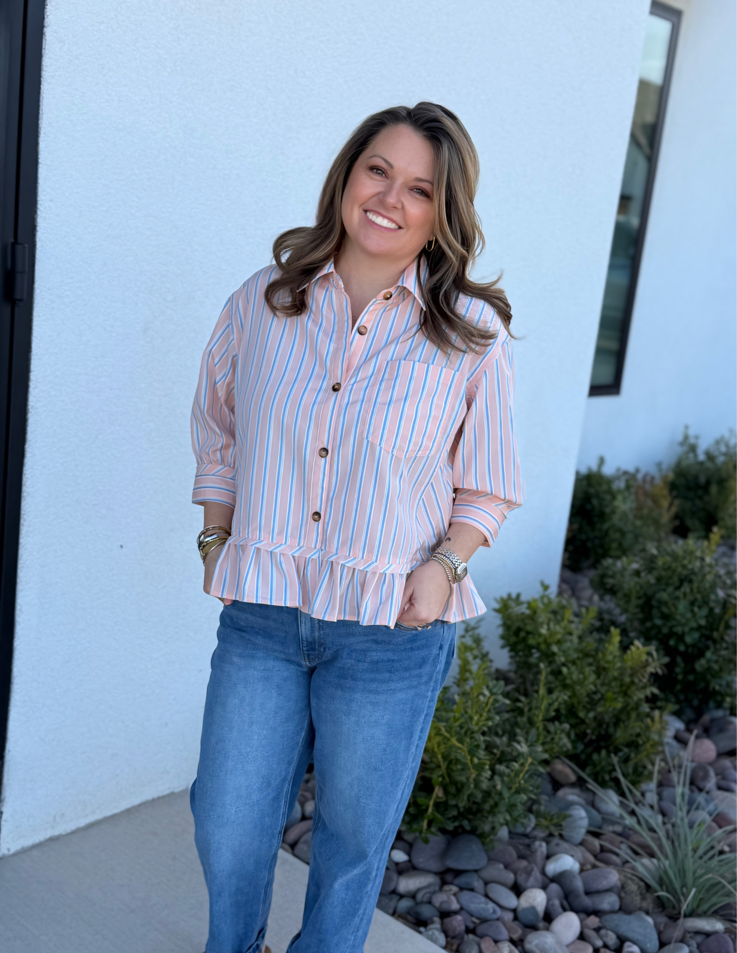 Striped Button Down Peplum Top- Pink Combo