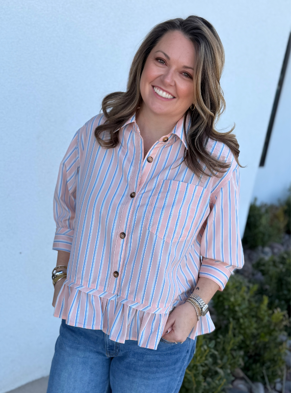 Striped Button Down Peplum Top- Pink Combo