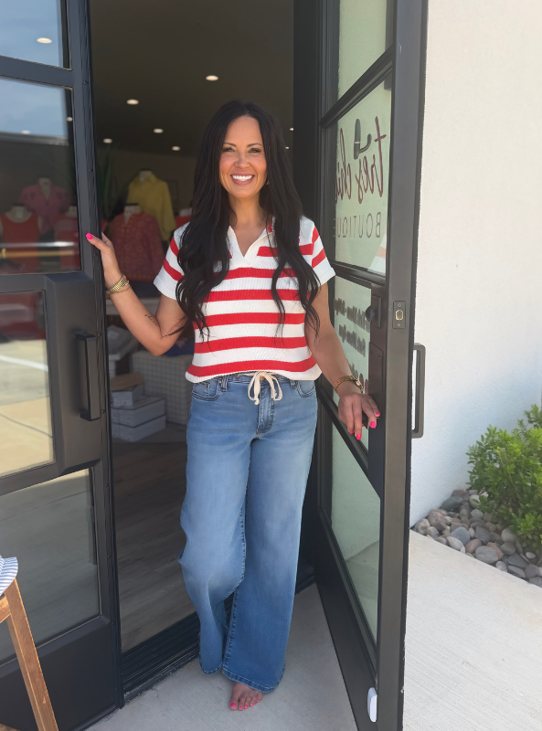 Striped Knit Top with Blanket Stitch- White & Coral