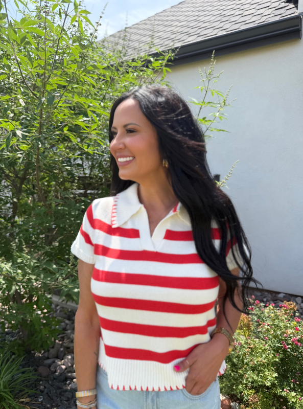 Striped Knit Top with Blanket Stitch- White & Coral
