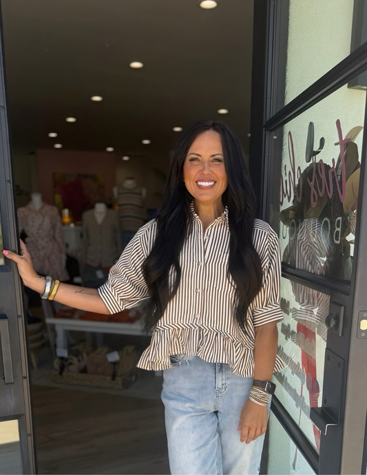 Striped Ruffled Hem Top- Brown - Tres Chic Boutique