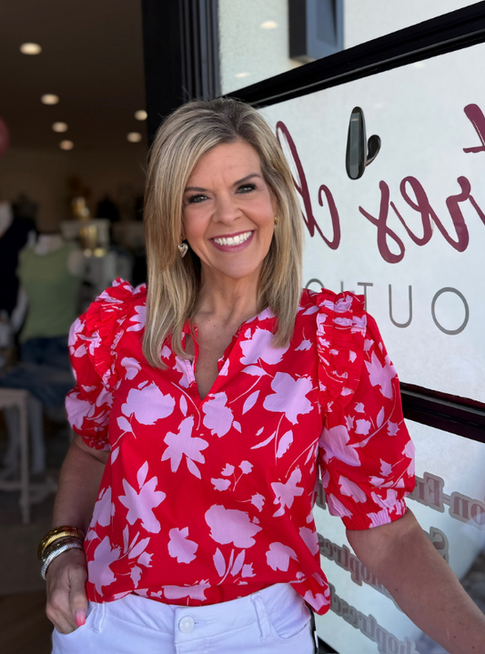 Sunset Floral Noche Tie Neck Blouse - Tres Chic Boutique