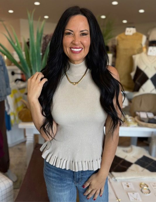 Taupe Mock Neck Peplum Sweater - Tres Chic Boutique