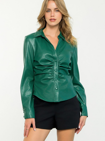 THML- Green Leather Button Up - Tres Chic Boutique