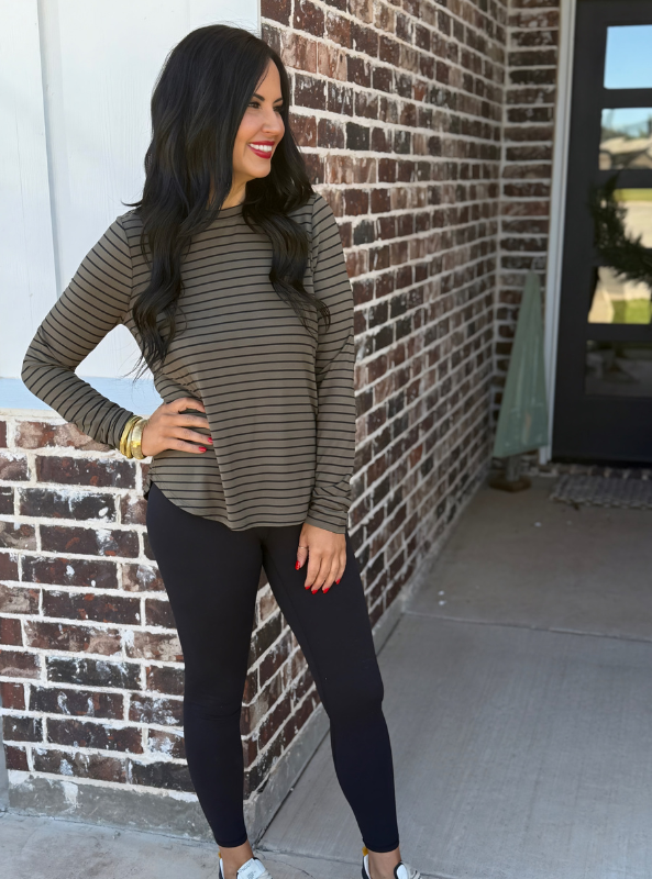 Stassia Top- Olive Black Stripe - Tres Chic Boutique