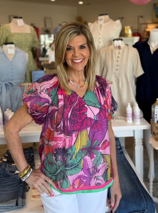 Tropical Floral Ruffle Sleeve Top - Tres Chic Boutique